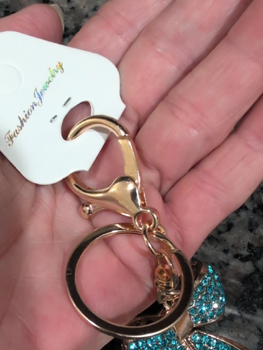 Fashion Jewelry Gold Bow Keychain Or Bag Charm with Turquoise Crystals NWT - Picture 5 of 5